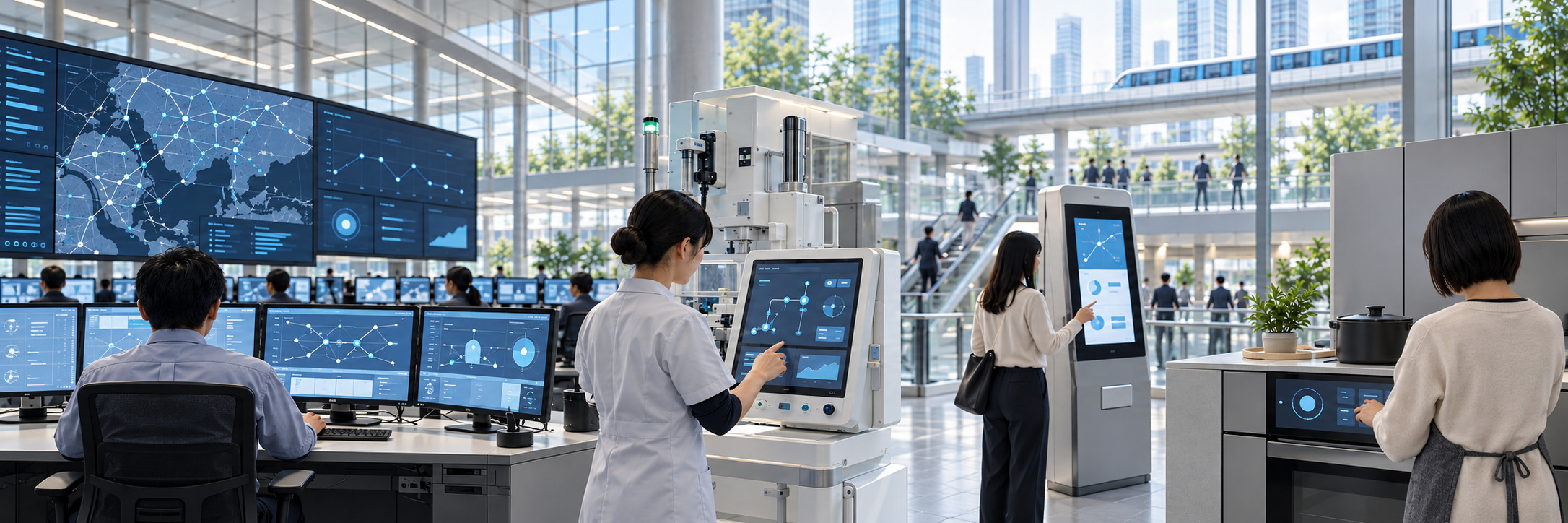 社会インフラの監視画面から、設備の操作画面や公共端末、生活機器へと続く利用環境