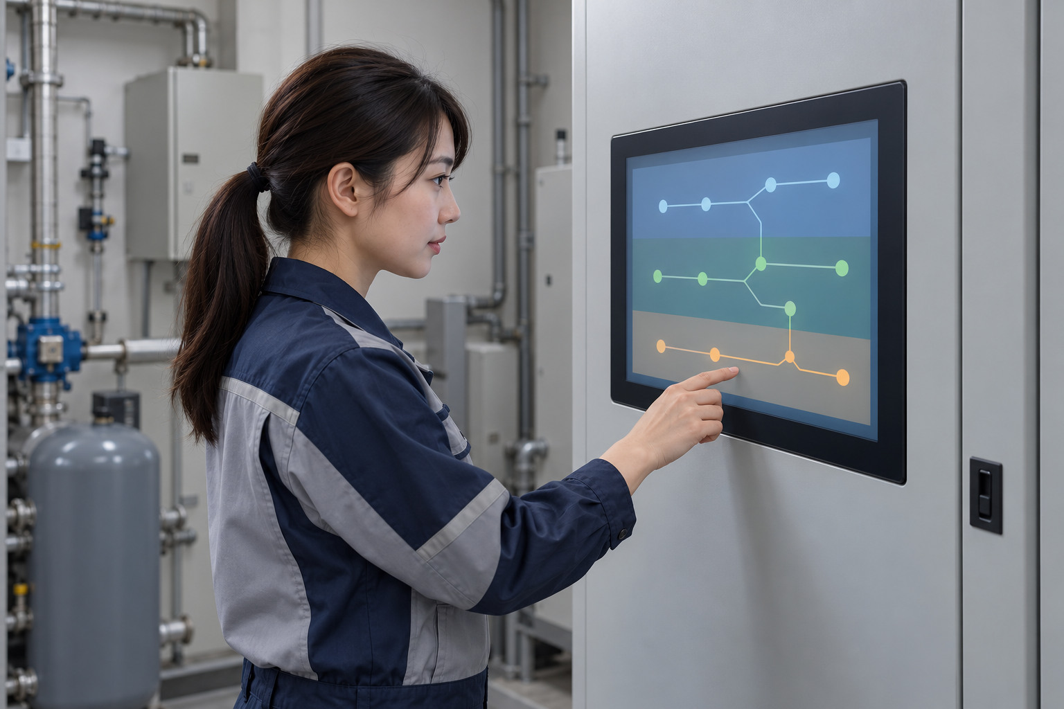 オペレーターが設備の状態を画面で確認する場面