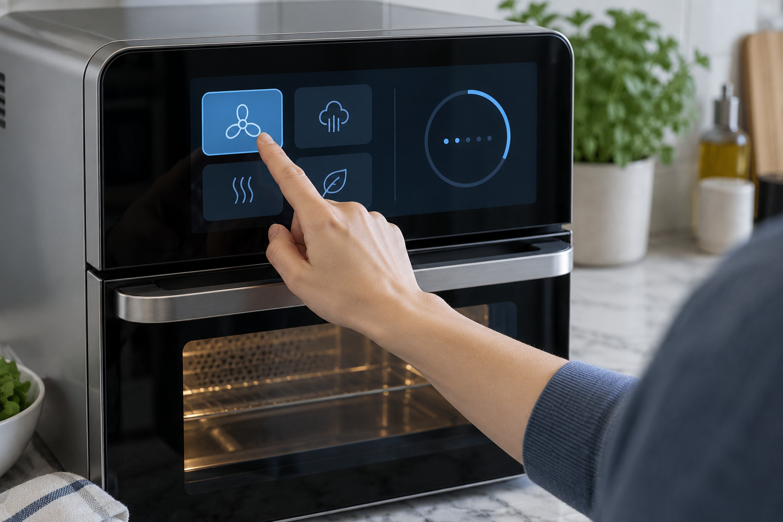 利用者が据置型家電の操作画面に触れる場面