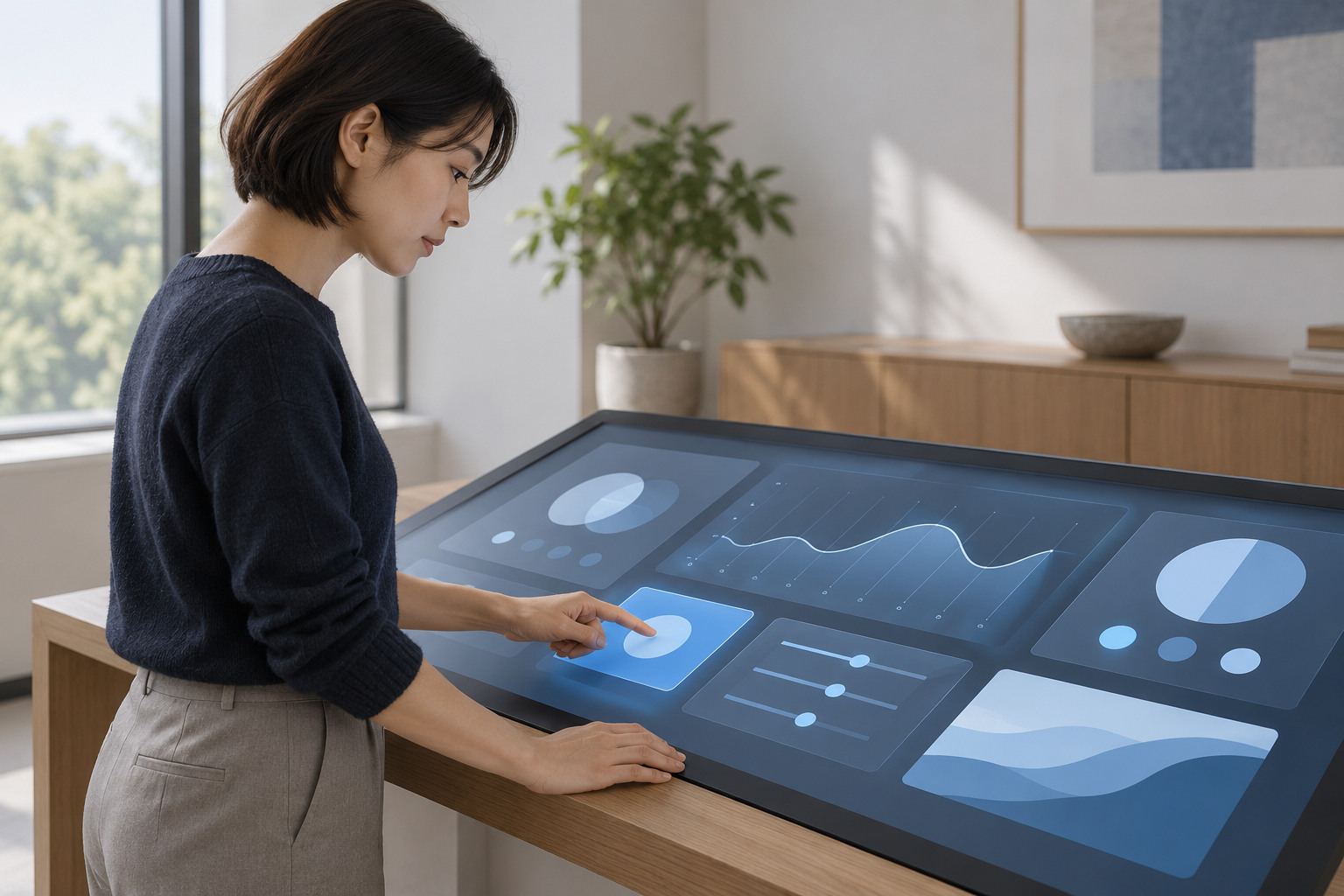 利用者が大きな画面を見ながら操作内容を確かめる場面